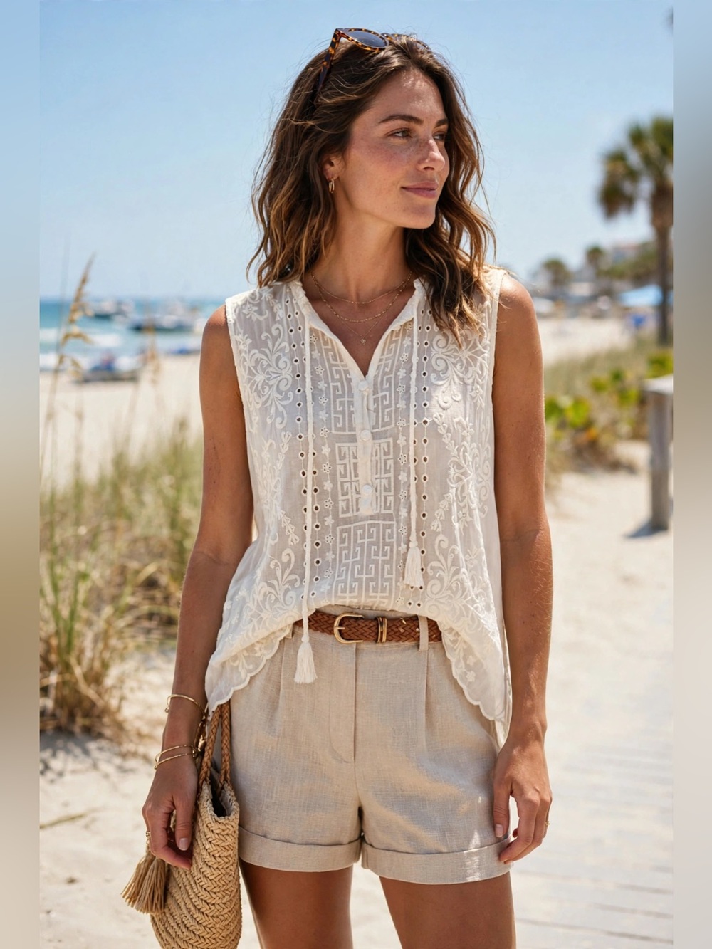Johnny Was NWT Ivory Embroidered Sheer Tunic Tank Top - Eyelet Lace Boho Beach